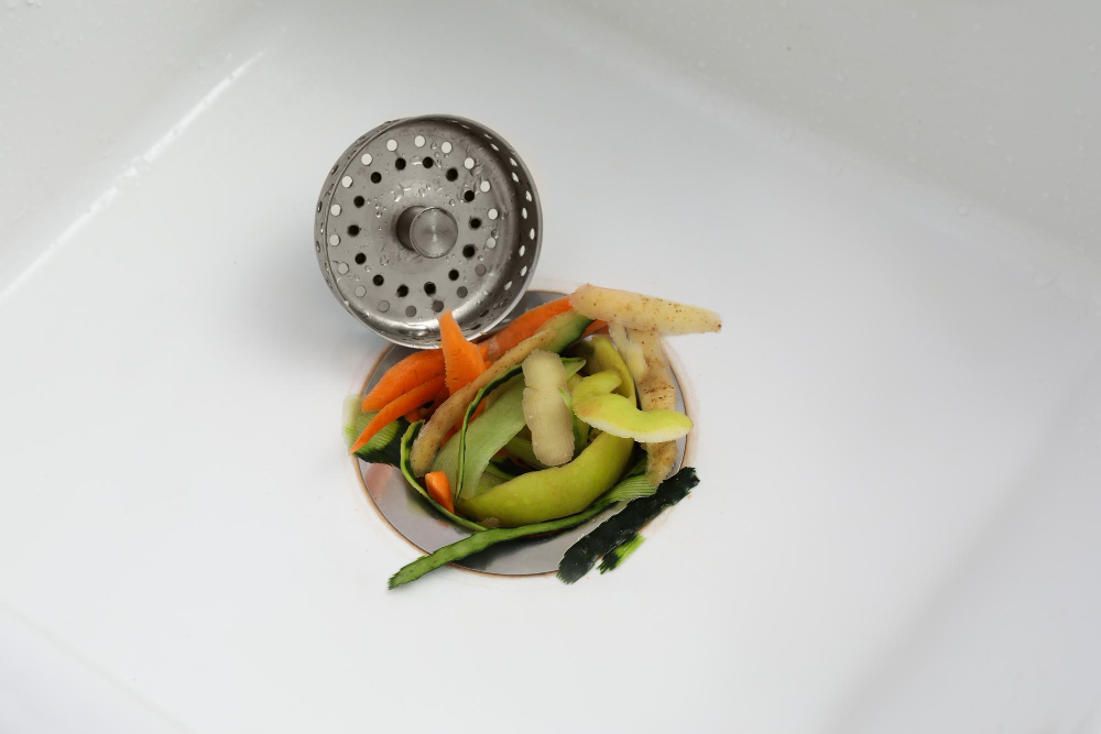 Colorful vegetable peels in the drain of a white kitchen sink, illustrating how common a clogged drain can be during the holiday season.