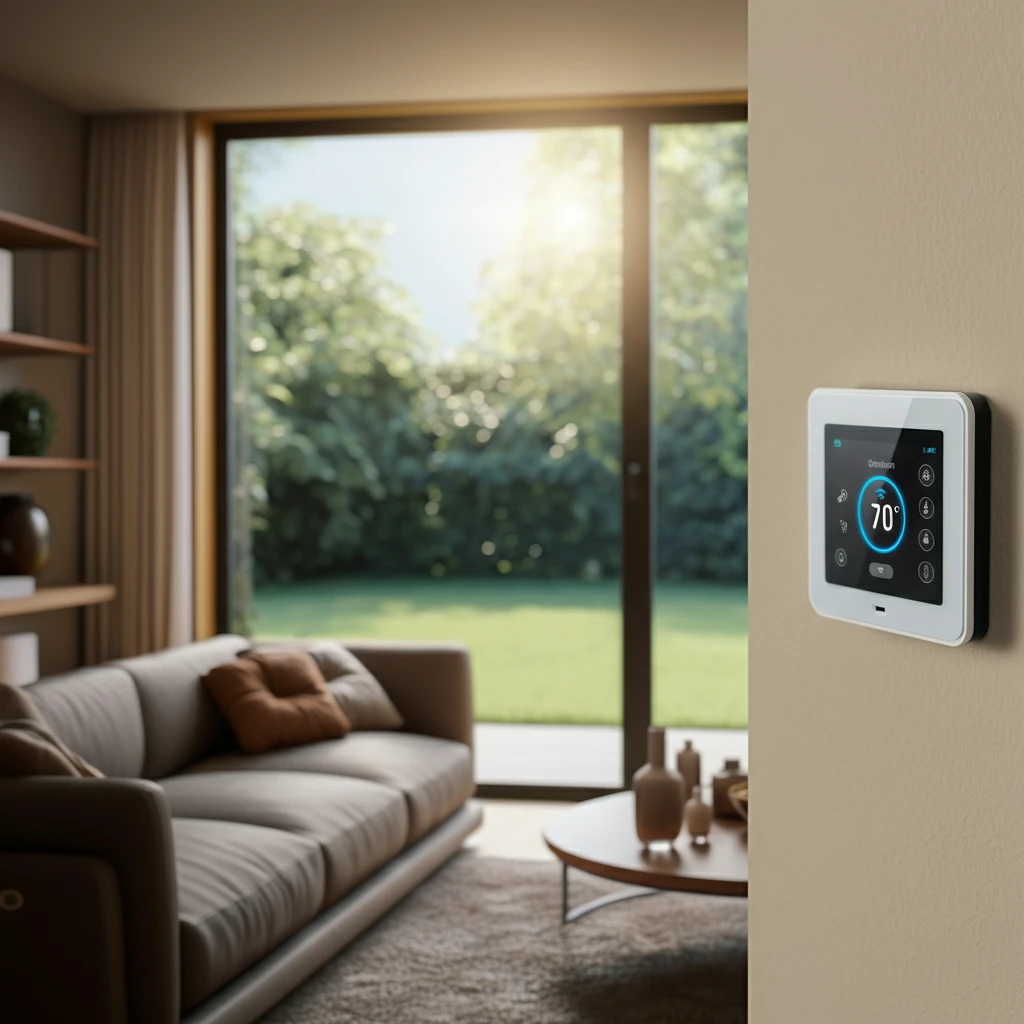 a smart thermostat on the wall in a living room with natural light coming from a sliding door
