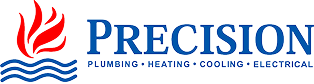 Logo for Precision featuring a red flame above blue waves, with text reading “PRECISION Plumbing • Heating • Cooling • Electrical” in blue font.