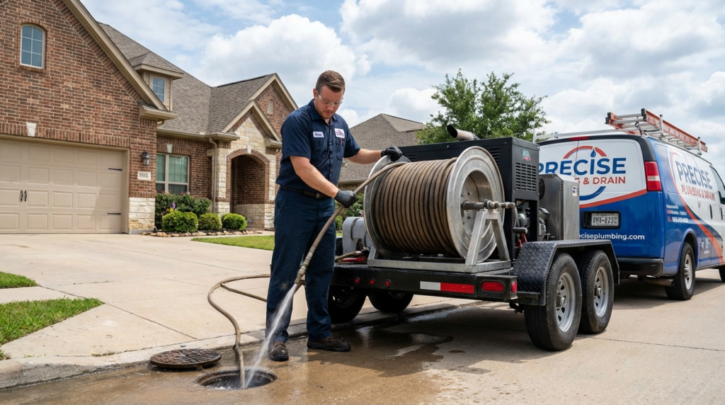 A worker uses a hose connected to a machine on a trailer to clean a street drain in a suburban neighborhood beside a plumbing service van.