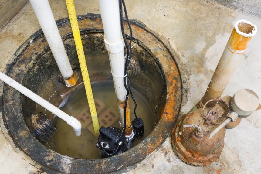 Open sump pit with several pipes, a sump pump, standing water, and visible rust stains on the surrounding concrete surface.