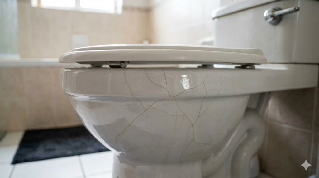 Close-up of a white ceramic toilet with visible cracks on the bowl in a tiled bathroom.