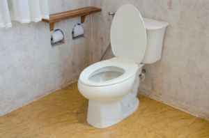 White toilet with the lid open, set against a light-colored wall with two toilet paper rolls on a wooden shelf above the tiled floor.
