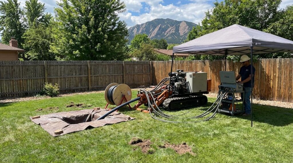 A worker operates drilling equipment under a canopy in a backyard, with cables extending into a hole in the ground and mountains visible in the background.