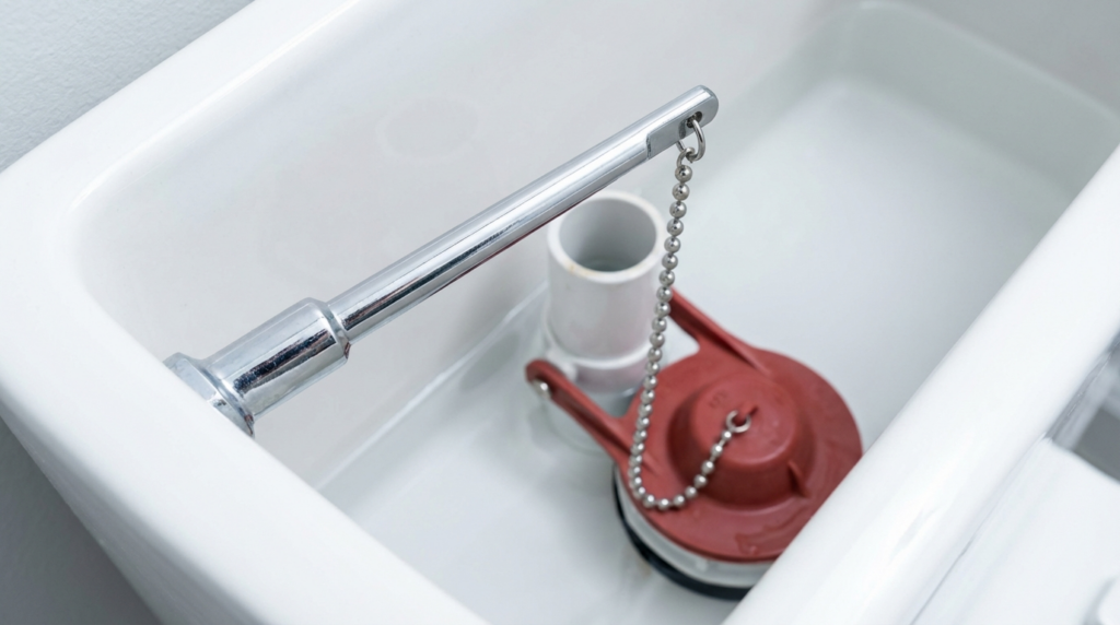 Inside view of a toilet tank showing the flush lever, chain, and red flapper valve partially submerged in water.
