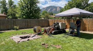 A worker operates drilling equipment under a canopy in a backyard, with cables extending into a hole in the ground and mountains visible in the background.