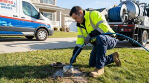 A worker in a yellow jacket kneels on a lawn, inserting a blue hose into a drain while a service van and truck are parked nearby.