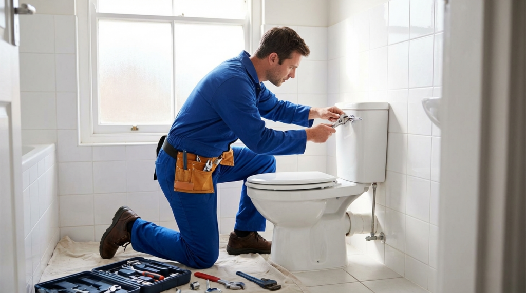 A plumber in blue coveralls kneels on a tarp and uses a wrench to fix the tank of a white toilet in a tiled bathroom, with a toolbox and tools nearby.