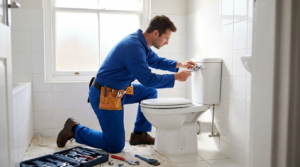 A plumber in blue coveralls kneels on a tarp and uses a wrench to fix the tank of a white toilet in a tiled bathroom, with a toolbox and tools nearby.
