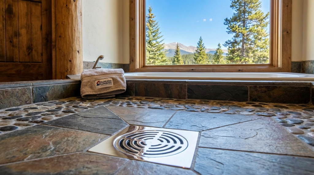 Stone-tiled bathroom floor with a central drain, a tub, a folded towel, and a large window showing trees and a mountain view.