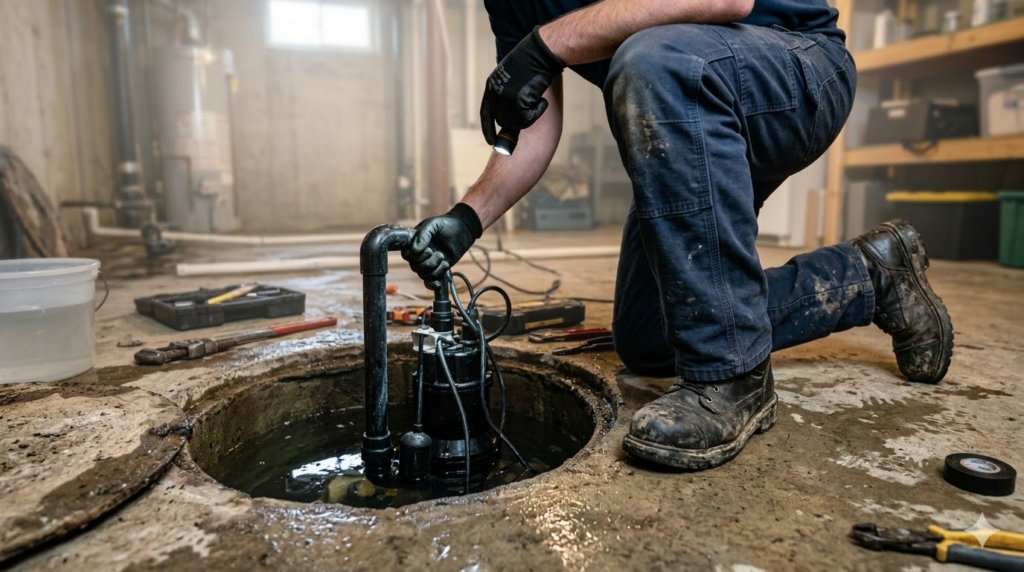 A person wearing work gloves kneels by a sump pump in a basement, performing maintenance or repair with tools and equipment nearby.