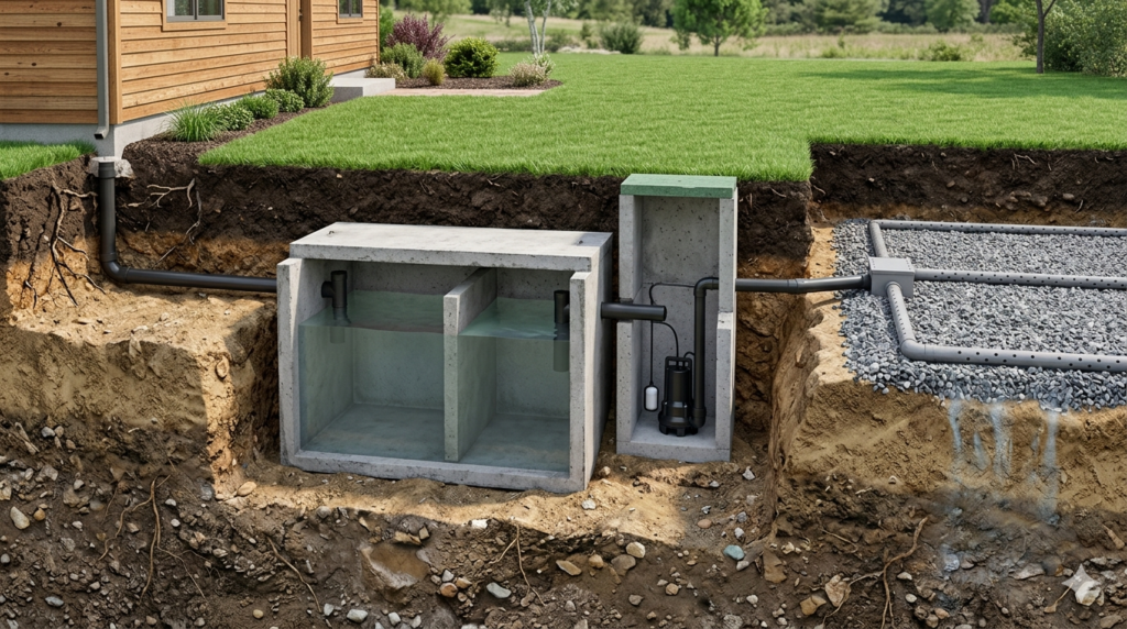 Cross-section of a residential yard showing an underground sump pump system, drainage pipes, and gravel trench next to a house.