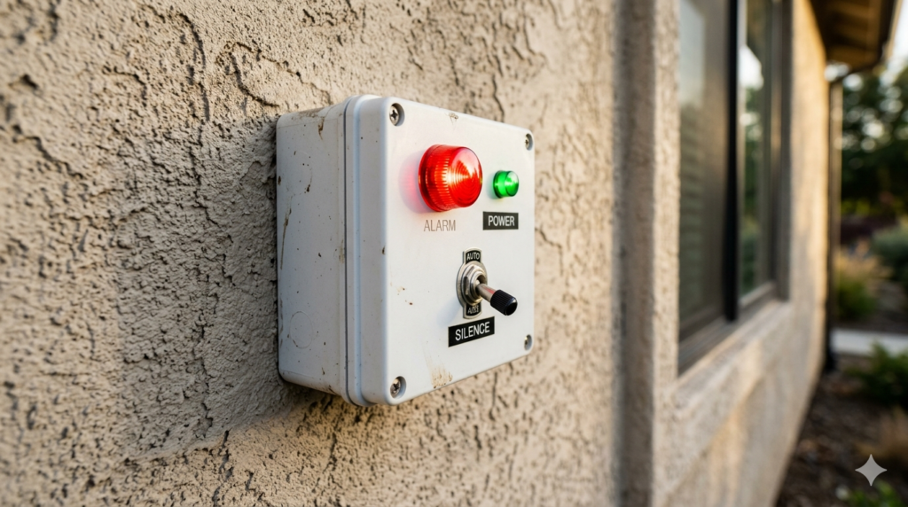 A wall-mounted control box with a red alarm light, green power light, and a toggle switch labeled "Silence" outside a building.