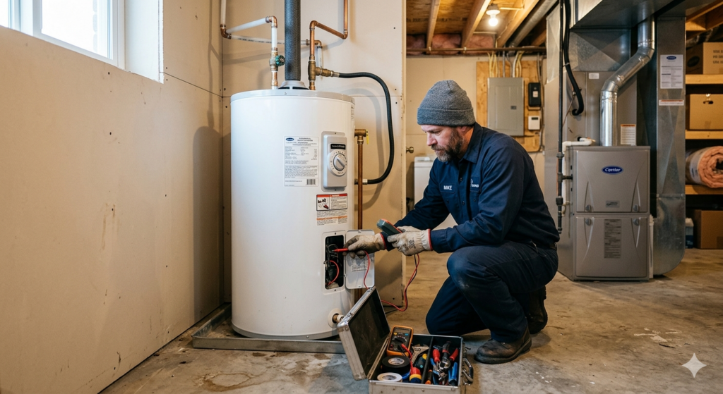 A technician in work clothes kneels beside a water heater, using tools and a multimeter to perform maintenance or repairs in a basement utility room.