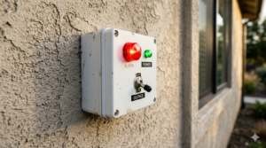 A wall-mounted control box with a red alarm light, green power light, and a toggle switch labeled "Silence" outside a building.
