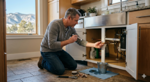 A man kneels on a kitchen floor repairing a pipe under the sink with tools, a bucket, and supplies; water is dripping onto the floor.