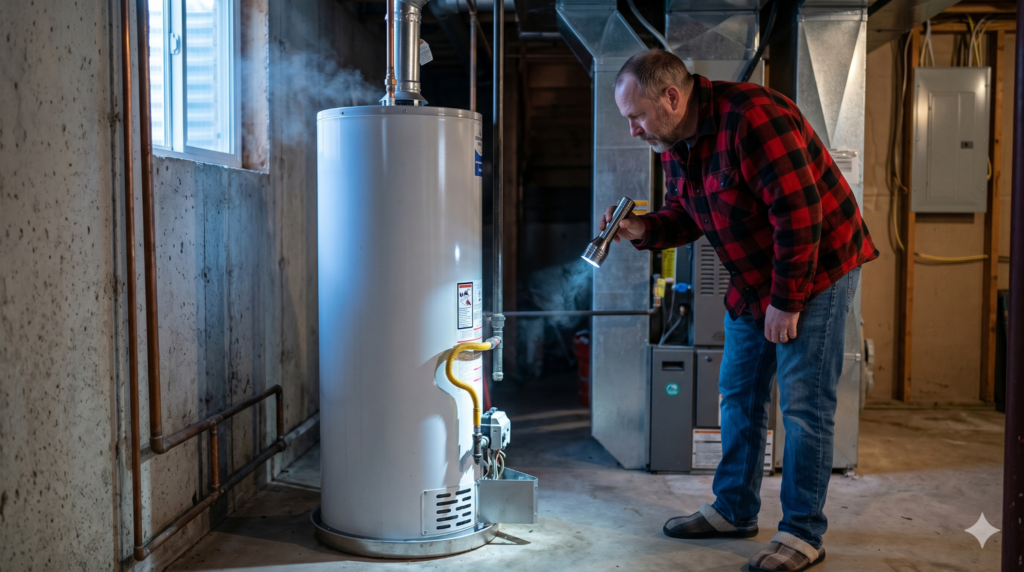 A man in a red plaid shirt inspects a water heater in a basement using a flashlight.