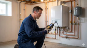 A technician in protective gear uses a diagnostic tool to inspect a boiler system in a basement with exposed pipes.