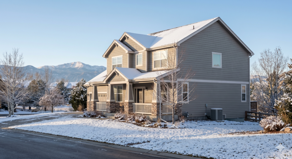 Two-story gray house with a covered front porch and snow covering the lawn and roof, set in a suburban neighborhood with mountains in the background.