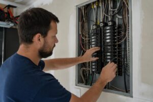 %Focuskw% | Precision Plumbing &Amp; Heating A person inspects and adjusts circuit breakers inside an open electrical panel mounted on a wall.