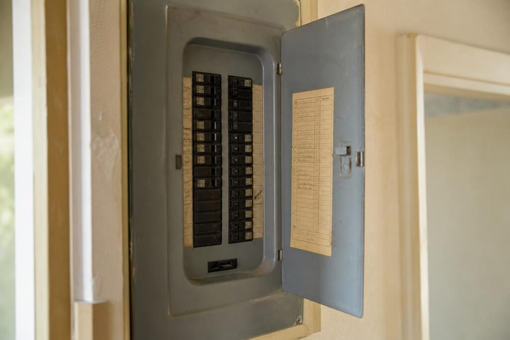 Open electrical breaker panel with labeled circuit directory attached to the inside of the metal door, mounted on a beige wall indoors.