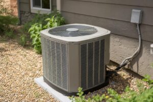 %Focuskw% | Precision Plumbing &Amp; Heating An outdoor air conditioning unit is installed on a concrete pad next to a house, with electrical cables connected and surrounded by gravel and plants.