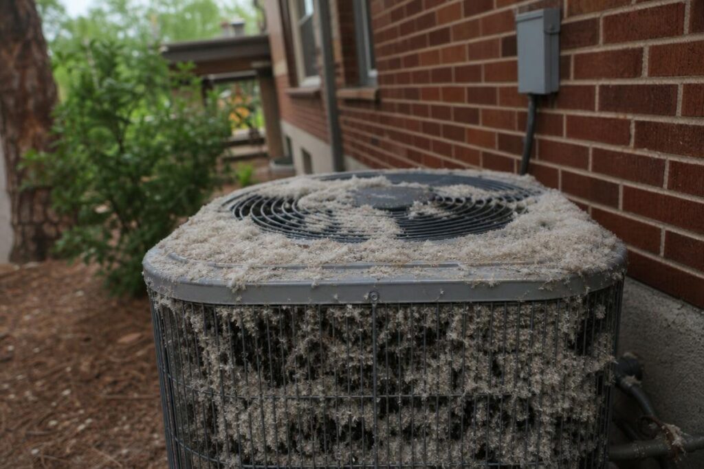 An outdoor air conditioning unit is covered with a thick layer of fluffy debris, likely pollen or seeds, blocking the vents and coils.