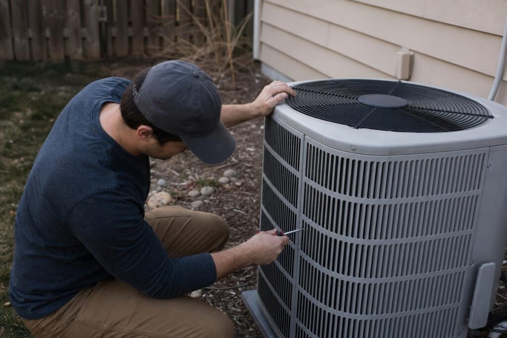 A person kneels outside, using a screwdriver to examine or repair a large air conditioning unit next to a house.