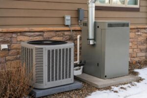 %Focuskw% | Precision Plumbing &Amp; Heating Outdoor view of an air conditioning unit and a furnace next to a house with stone siding, with a small area of snow and gravel on the ground.