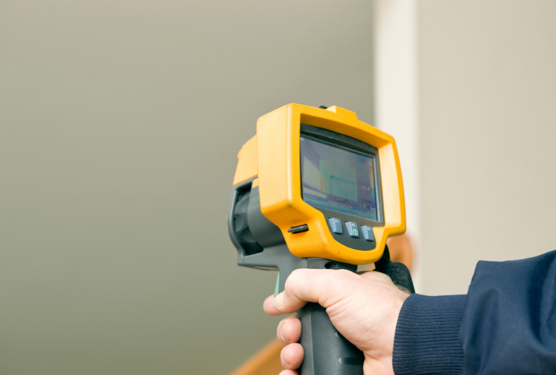 A person holds a yellow handheld thermal imaging camera, pointing it toward an indoor wall.
