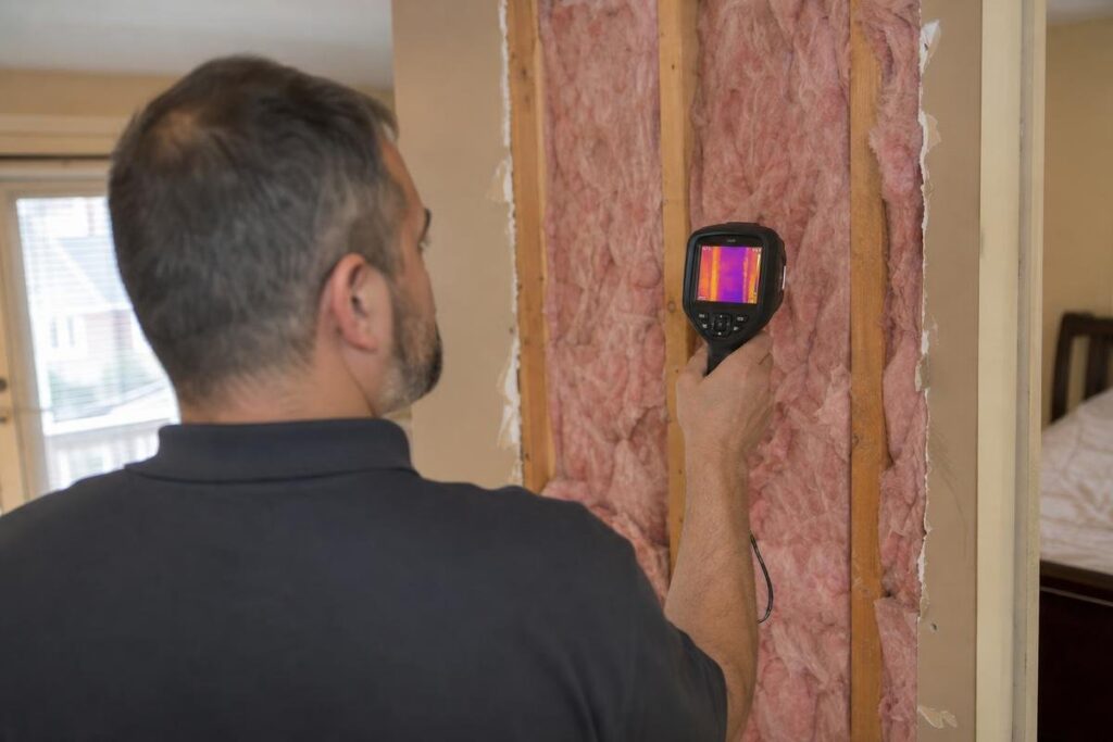 A man uses a thermal imaging camera to inspect insulation inside an exposed wall in a residential room.