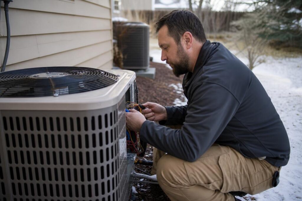 A man crouches beside an outdoor air conditioning unit, examining wires with tools, next to a house on a cloudy day.