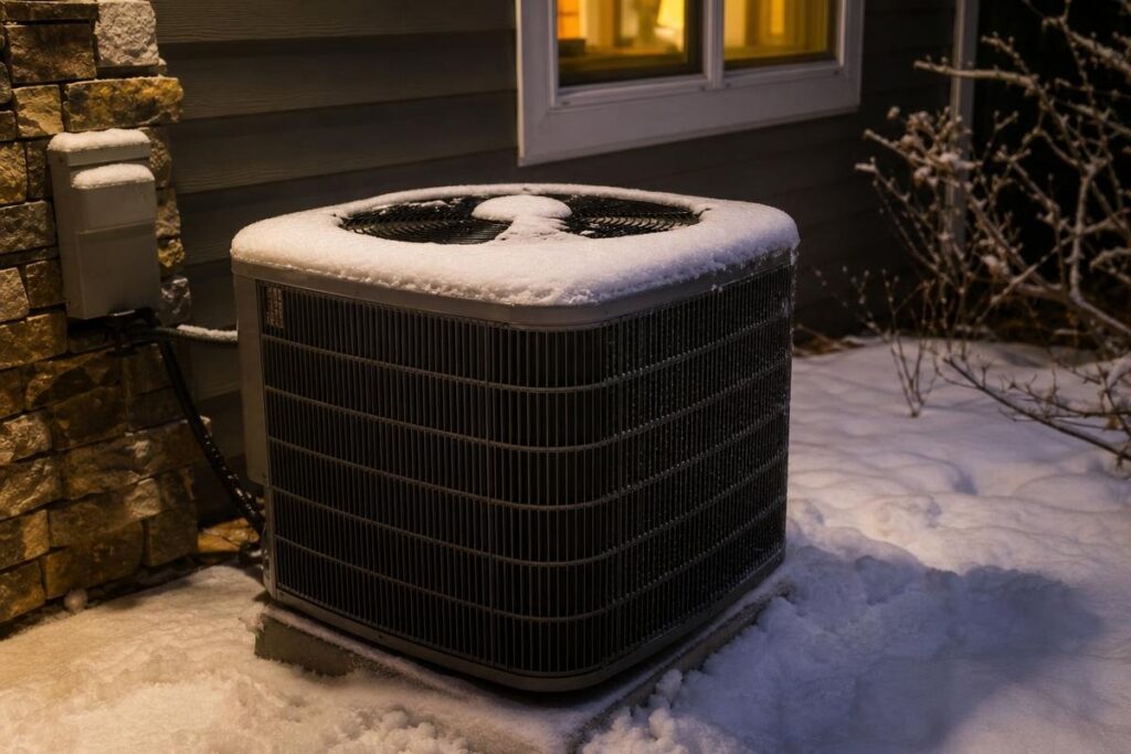 An outdoor air conditioning unit covered in snow sits next to a house at night, with a window and stone wall visible nearby.
