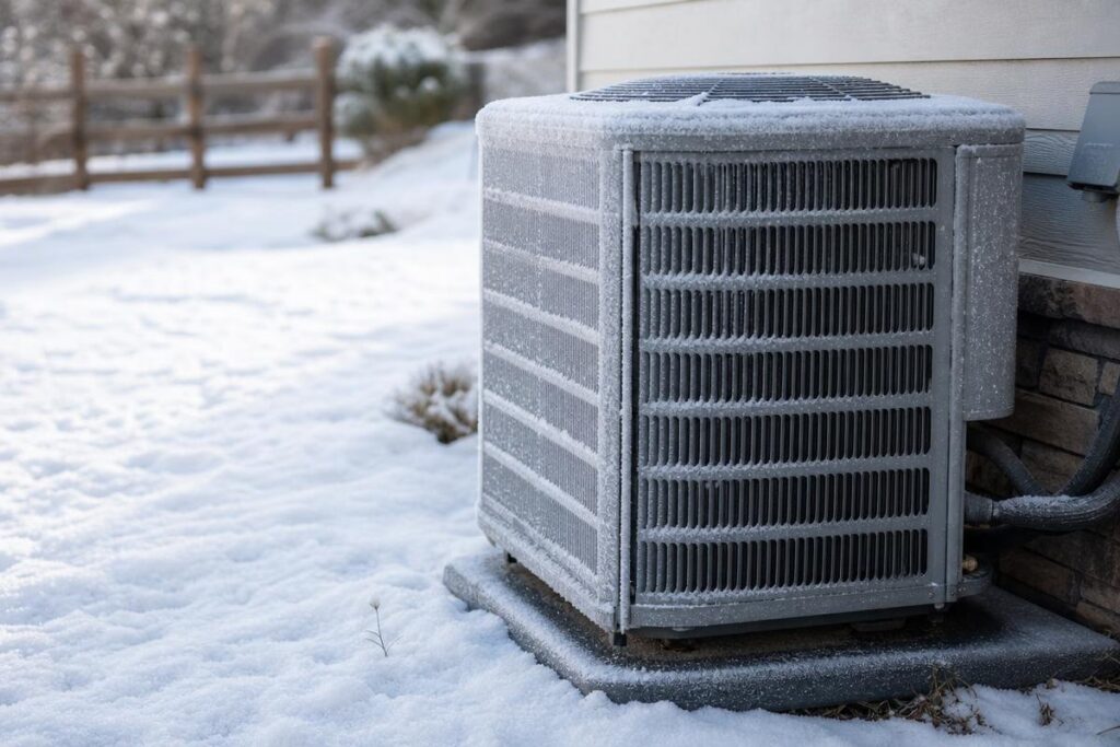 An outdoor air conditioning unit covered in frost sits next to a house on a snowy day.