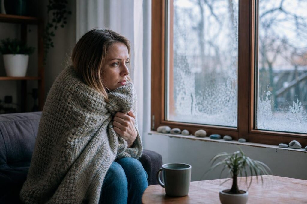 A woman sits on a couch wrapped in a blanket, looking out a window on a cold day. A mug and a small plant are on the table in front of her.
