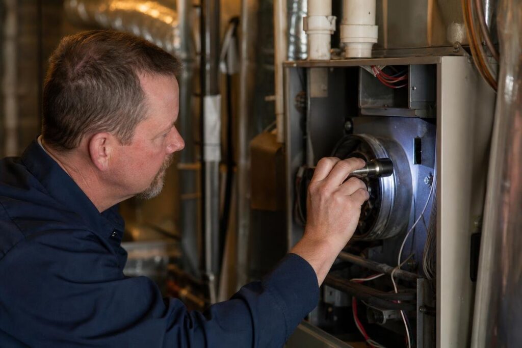 A man in a blue shirt inspects and adjusts the components inside an open metal furnace in a mechanical room.