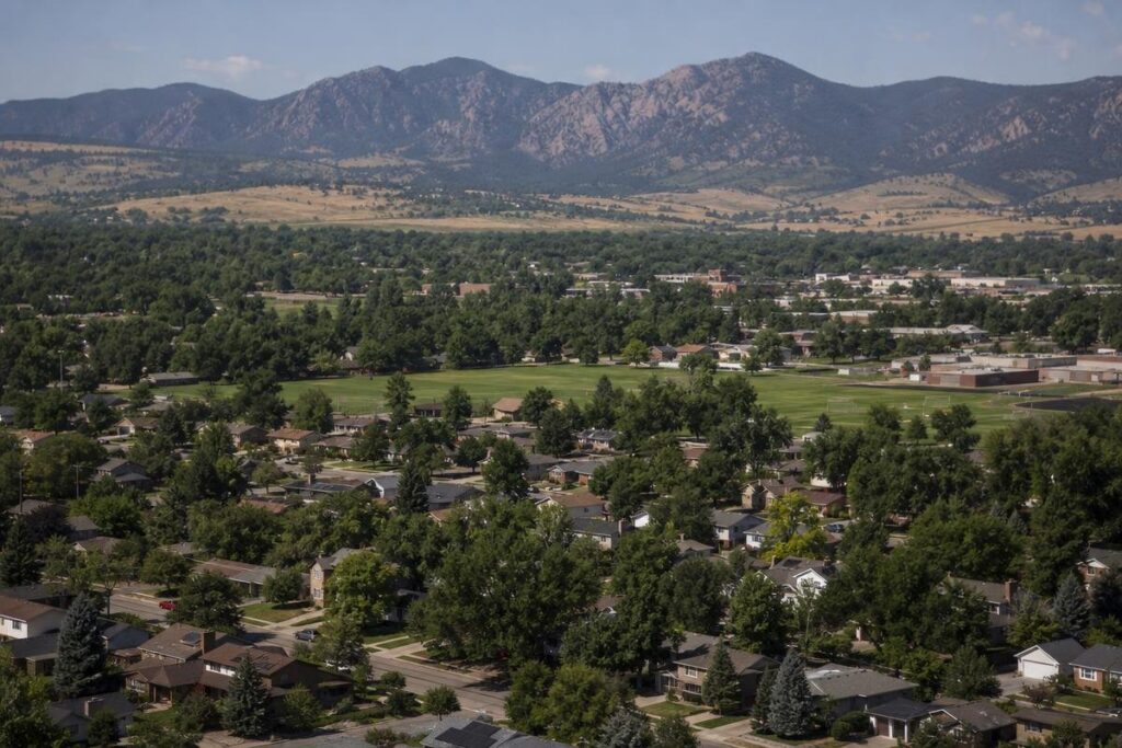 A suburban neighborhood with tree-lined streets sits in the foreground, with green fields and mountains in the background under a clear sky.