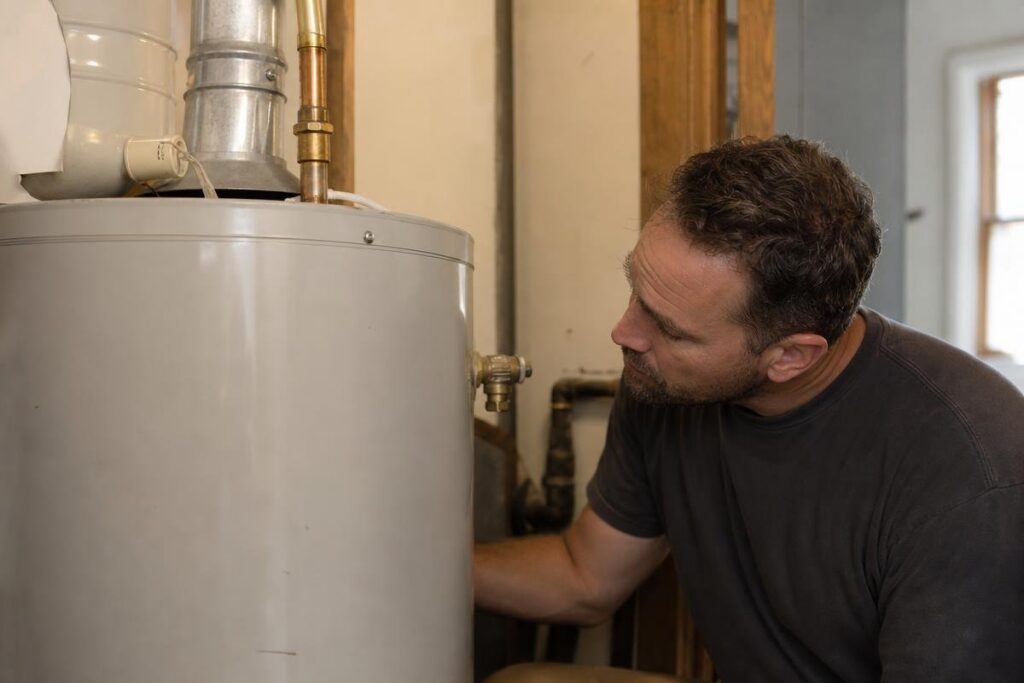 A man inspects a water heater in a utility room, looking closely at the tank and its fittings.