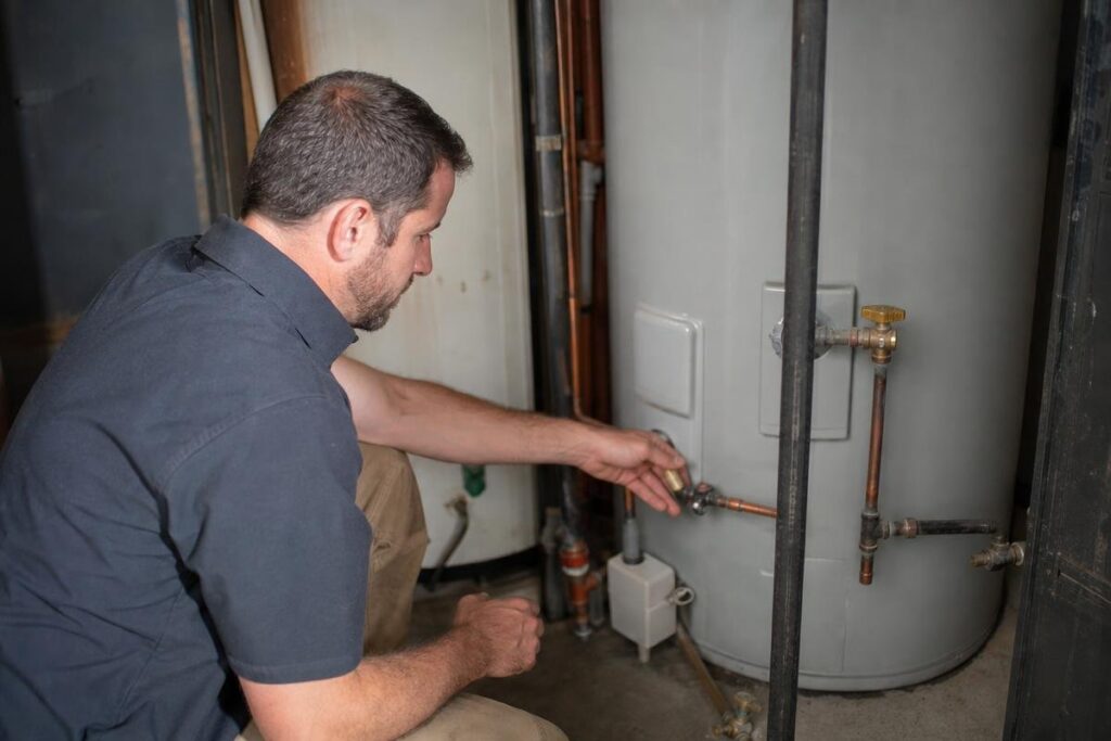A man inspects and adjusts a valve on a large water heater, surrounded by pipes in a utility area.