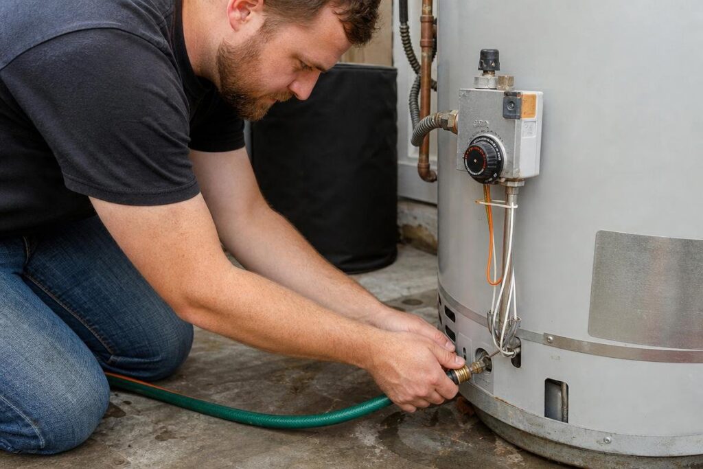A man kneels on the floor, attaching a green hose to the drain valve at the bottom of a water heater.
