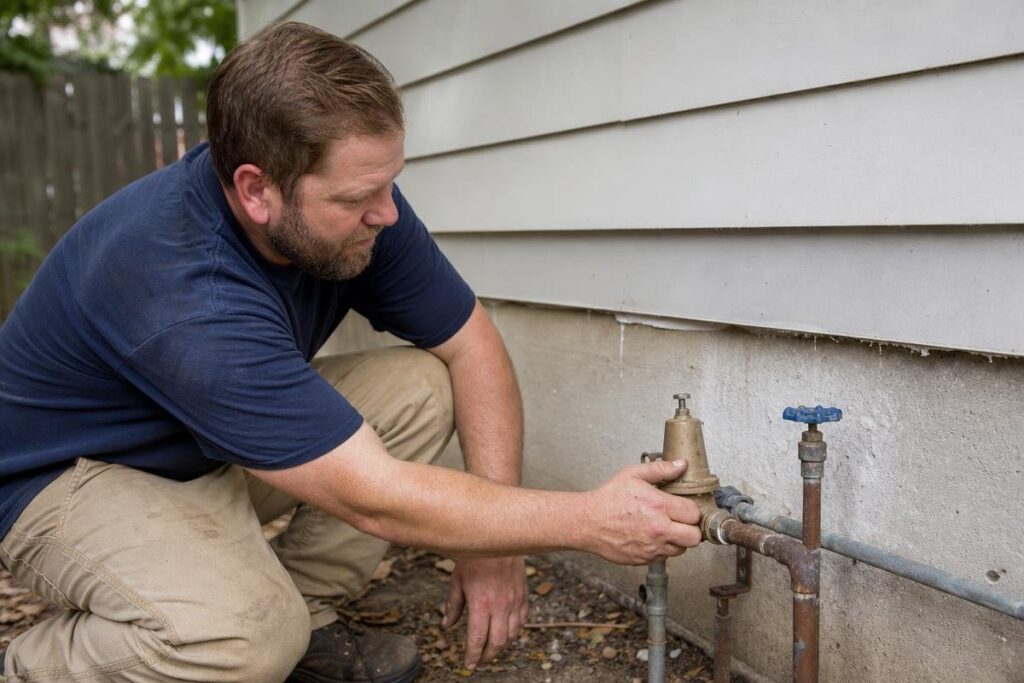 A man in a navy shirt adjusts a brass valve on an outdoor water pipe beside a house with gray siding.
