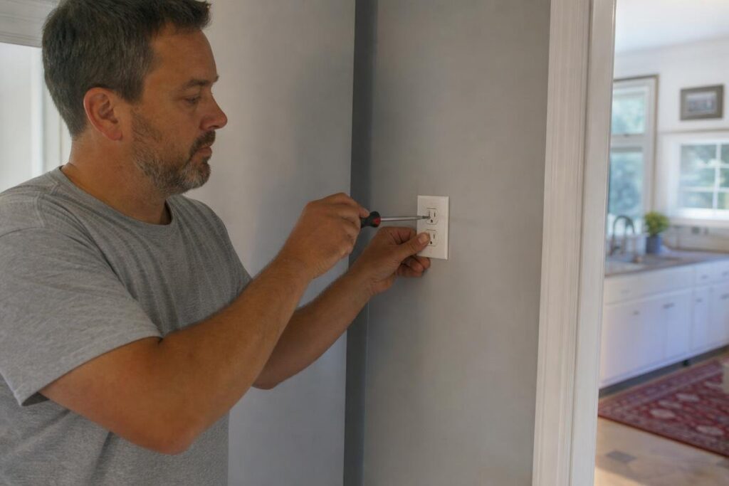 A man uses a screwdriver to install or remove a light switch cover on a wall in a home near a kitchen.