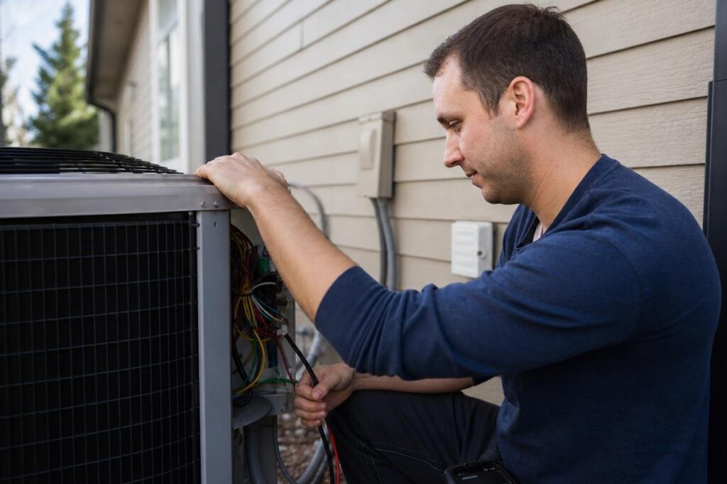A man in a blue shirt repairs or inspects an outdoor air conditioning unit beside a house, handling wires with one hand.