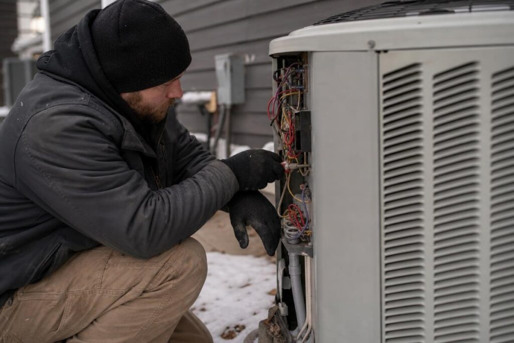 A person wearing winter clothes repairs or inspects the wiring inside an outdoor air conditioning or HVAC unit next to a house in snowy conditions.