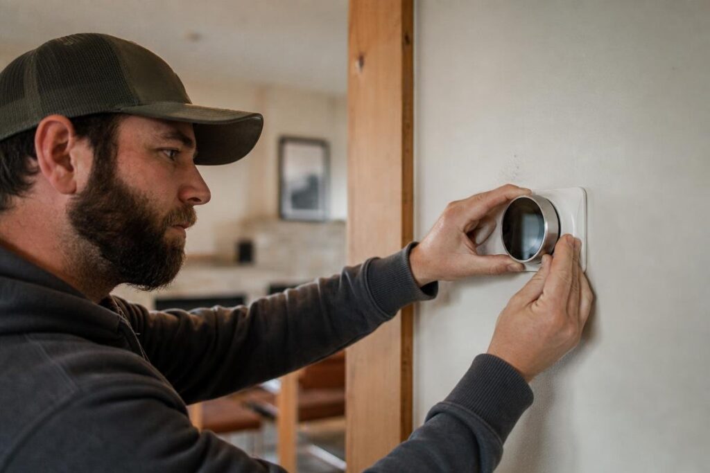 A man in a cap and hoodie installs or adjusts a round digital thermostat on a white wall inside a home.