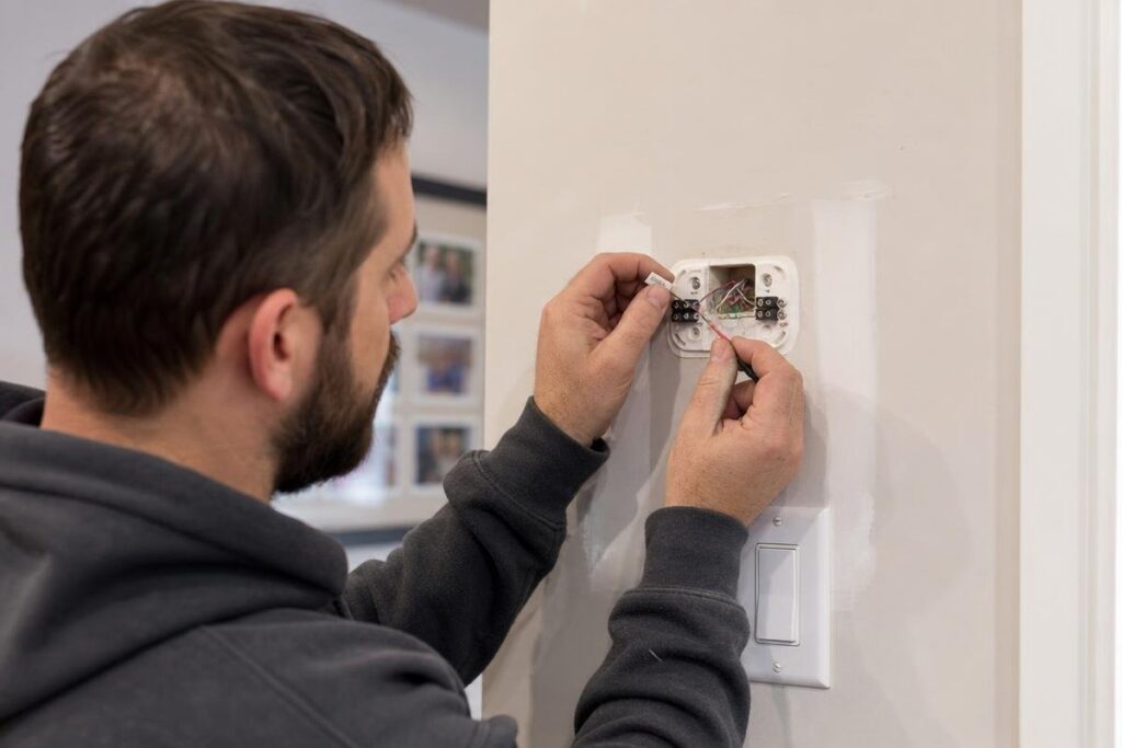 A person installs or repairs a wall-mounted thermostat, connecting wires inside the device. A light switch and framed photos are visible in the background.