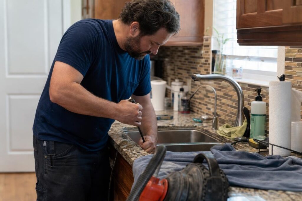 A man in a blue shirt uses a tool to unclog a kitchen sink, with a towel and cleaning supplies nearby on the counter.