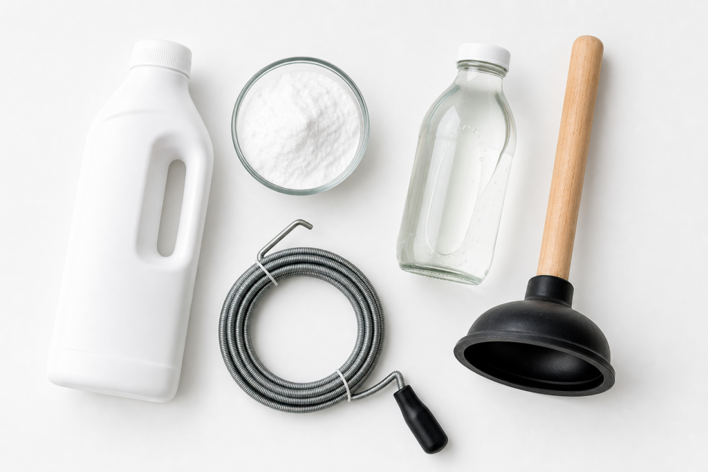 A bottle, a bowl of powder, a glass bottle of liquid, a metal drain snake, and a black plunger arranged on a white surface.