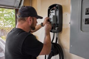 A man installs or repairs an electric vehicle charging station mounted on a wall inside a garage.