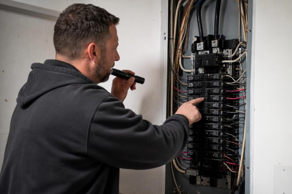 A man holds a flashlight and inspects an open electrical panel, pointing at one of the circuit breakers inside.